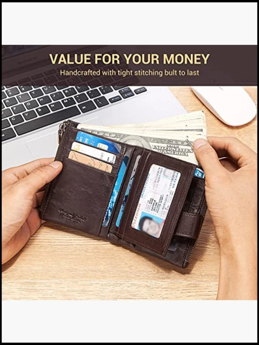 Genuine Leather RFID Bifold Wallet Anti-Theft Chain Zipper Coin Pocket